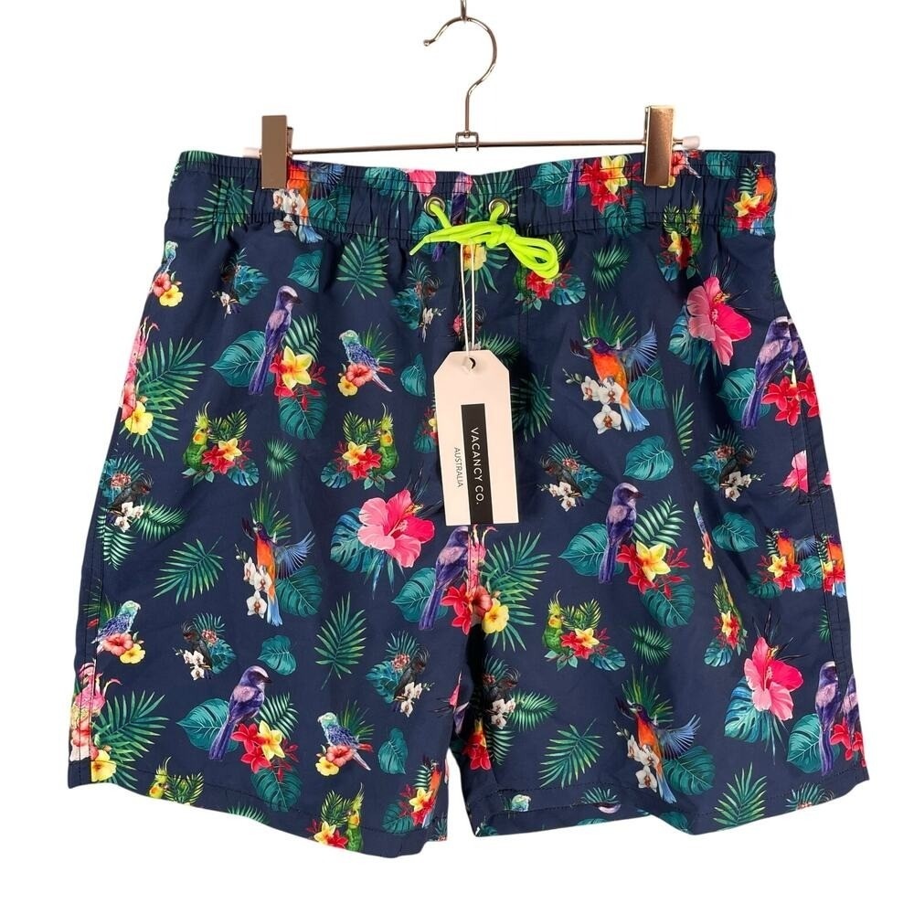 Vacancy Co Swim Trunks US L / EUR XL Navy Bird Tropical Hawaiian 6" Inseam